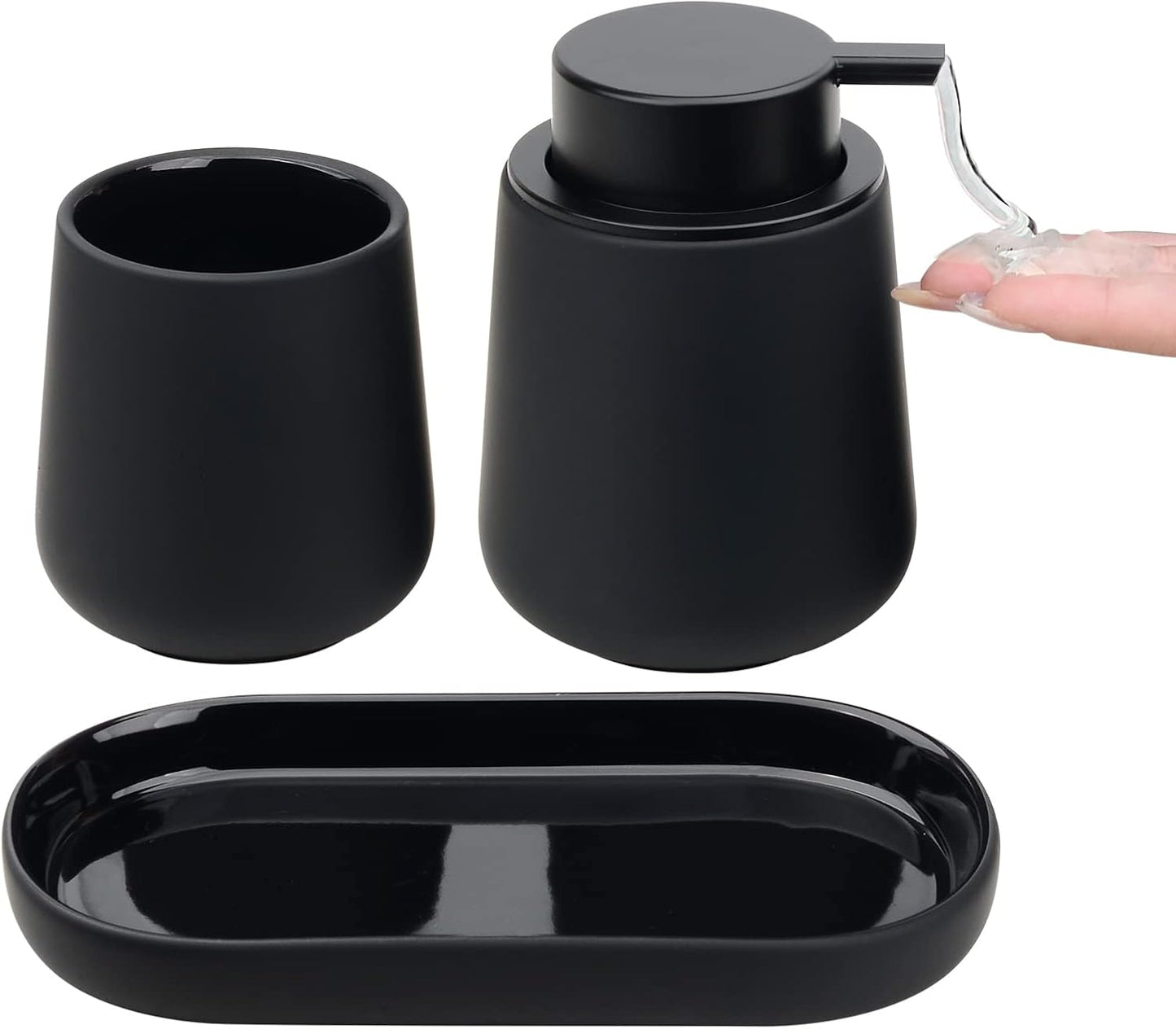 BosilunLife Black Bathroom Accessory Set - 3 pcs Ceramic Bathroom Soap Dispenser Set Farmhouse Bathroom Counter Decor Set Accessories, Soap Dispenser and Toothbrush Holder, Tray (Liquid Pump)