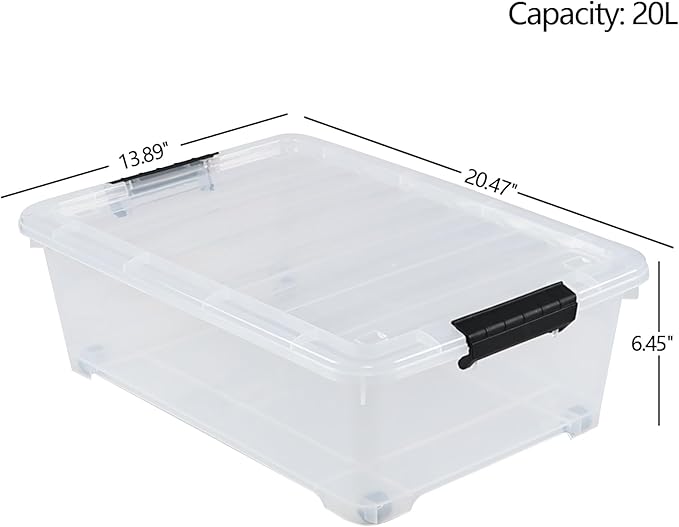 4 Packs 20 Quart Plastic Under Bed Storage Container with Lids and Wheels, Stackable and Nestable Organizer Bins, Flat Storage Box