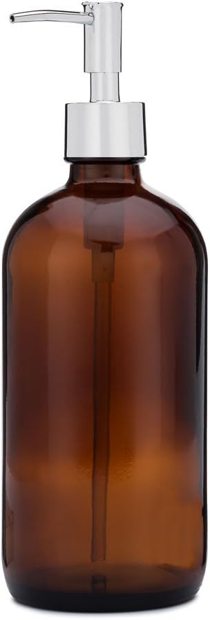 Rail19 Market Amber Glass Soap Dispenser with Metal Pump - Liquid Hand Soap & Lotion for Kitchen and Bathroom, 16oz (Chrome Rustic)