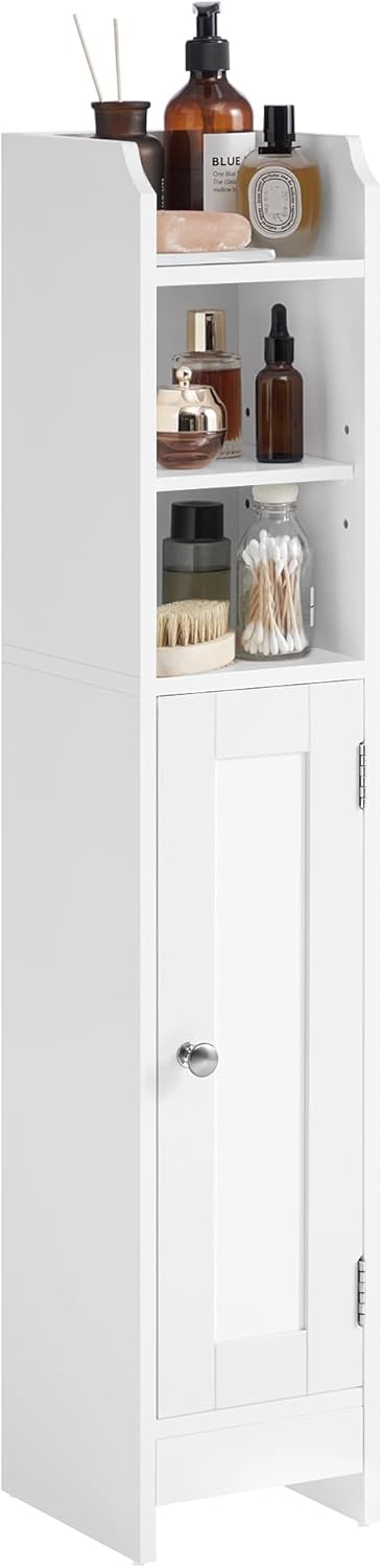 VASAGLE Small Storage Corner Floor Cabinet with Door, 7.9 x 7.1 x 36.2 Inches, Narrow Toilet Paper Storage Holder, Adjustable Shelves, for Bathroom, Living Room, Small Spaces, Cloud White UBBC311W01