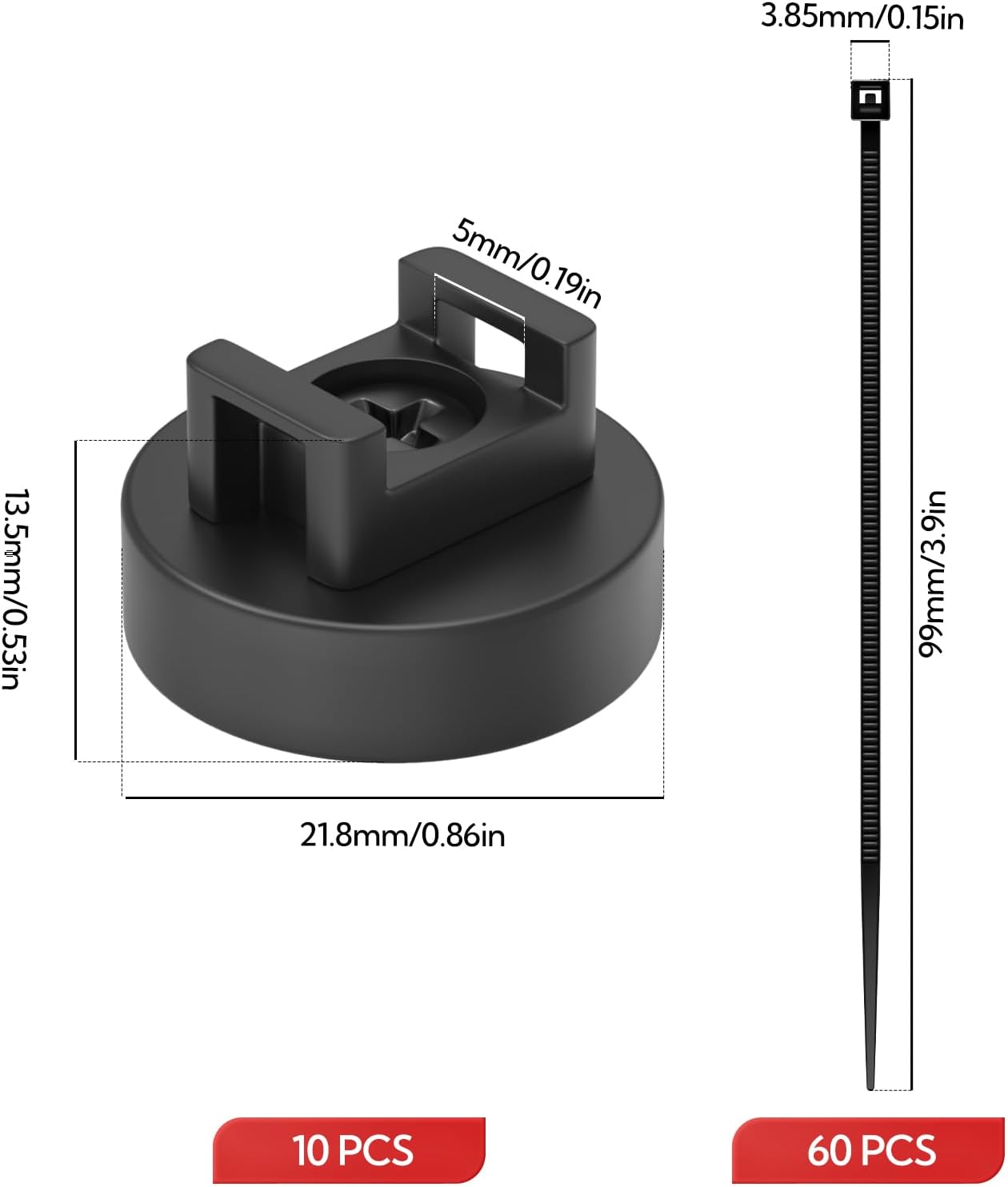 10Pcs Cable Ties Magnetic, Multipurpose Magnetic Wire Clip, Cable Wire Base with 60Pcs Releasable Cable Ties (22 x 16mm)