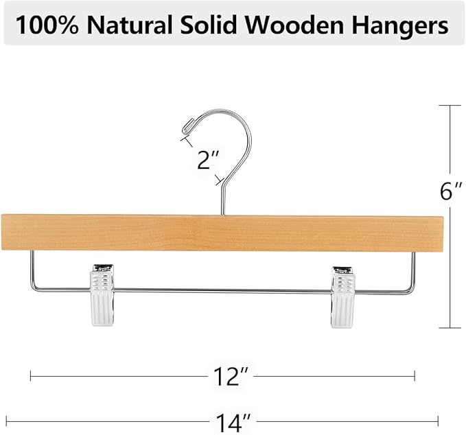 AMKUFO 20pcs Wooden Pants Hangers Solid Pants Hanger with Adjustable Clips 14 Inch Natural Wood Skirt Hangers Trousers Bottom Hanger with Non-Slip Clips and 360° Swivel Hook