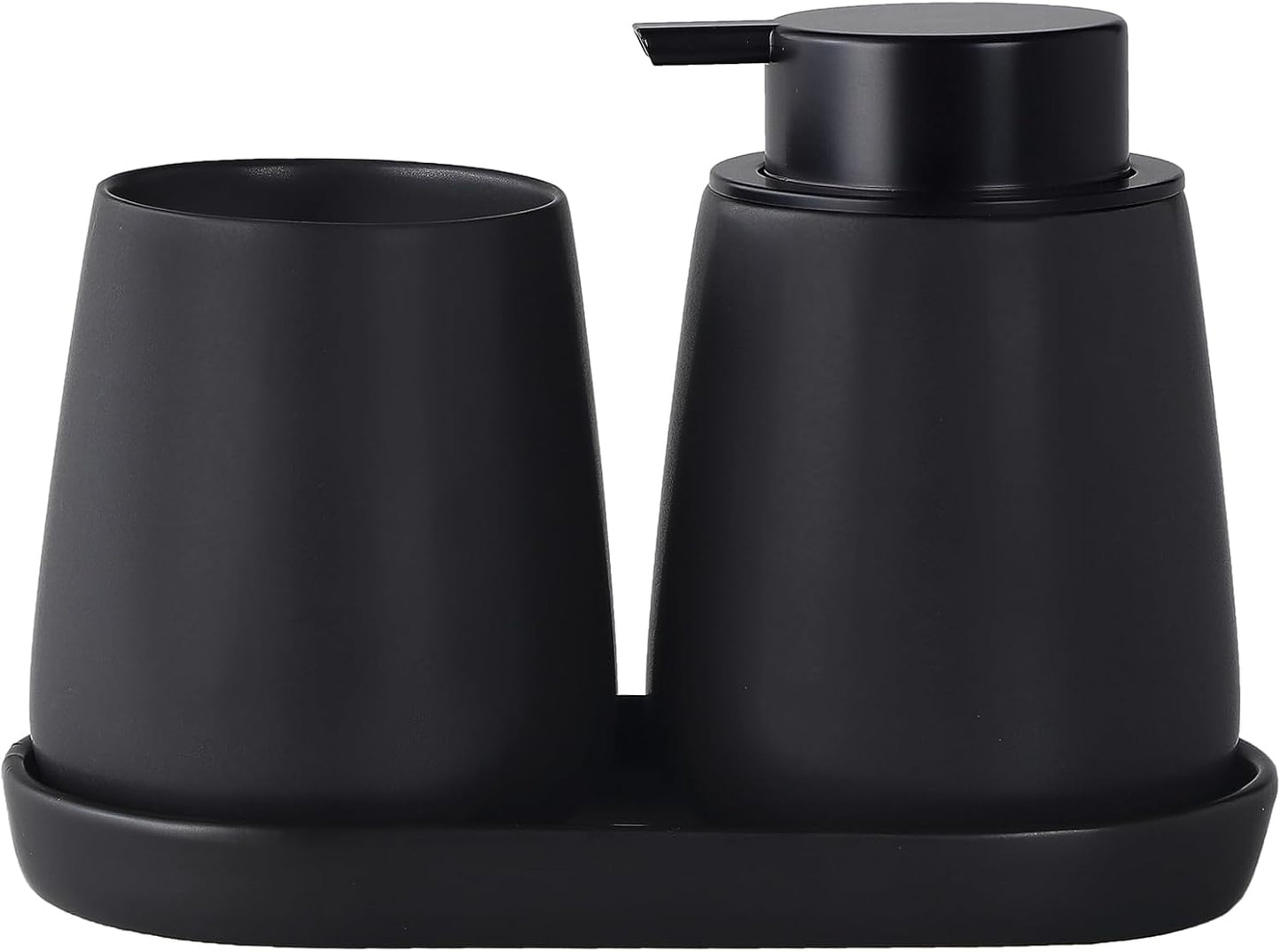 Matte Black Bathroom Accessory Set - 3pcs Ceramic Soap Dispenser Set Vanity Countertop Accessories Set, Includes Refillable Lotion Hand Soap Dispenser, Toothbrush Holder and Tray (Liquid Pump)