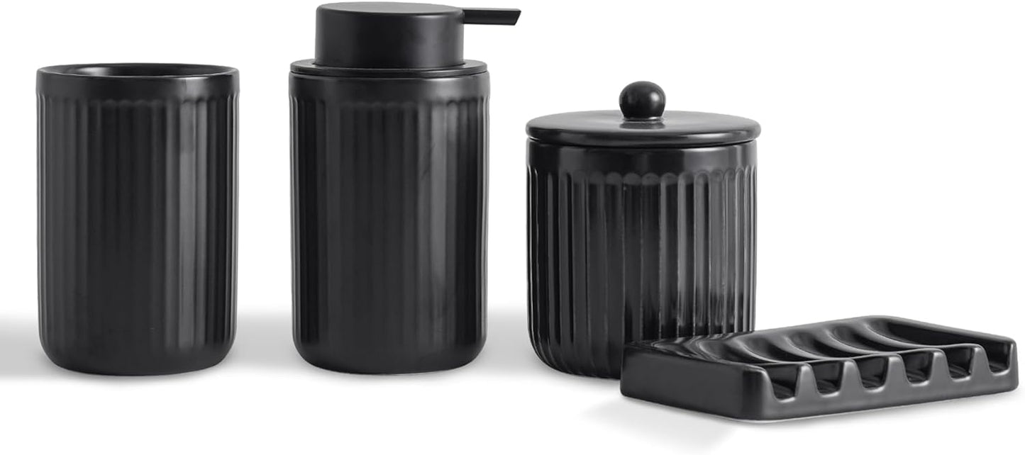 Ceramic Bathroom Accessories Set,Foam Soap Dispenser and Toothbrush Holder Set, Soap Dish, Apothecary Jars,Rustic Farmhouse Decor, Bathroom Home Decor (Black Set, Foam)