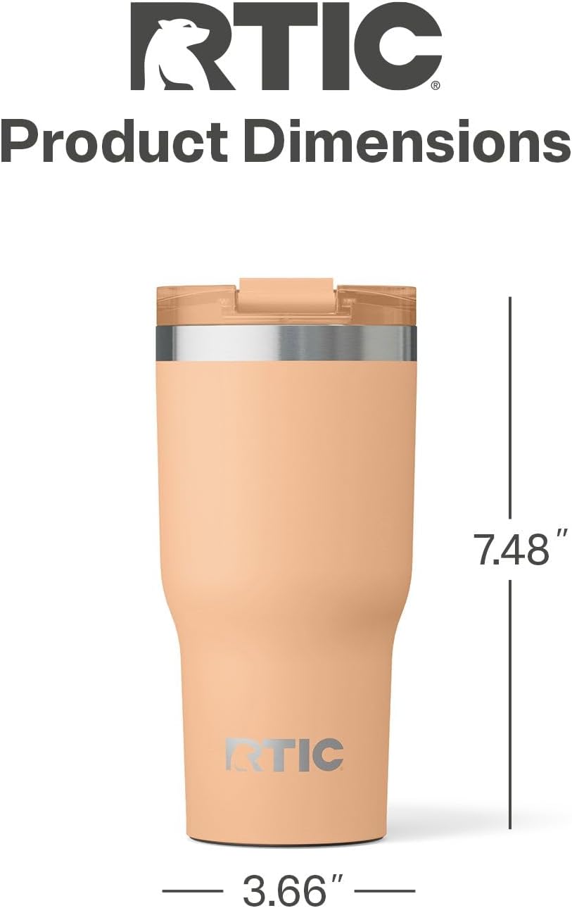 RTIC 20oz Essential Tumbler with Lid, Ceramic Lined, Insulated, Stainless Steel, Metal, Double Wall Vacuum-Insulation, Travel Cup for Iced Coffee, Tea, Hot and Cold Drink, Peach Tea