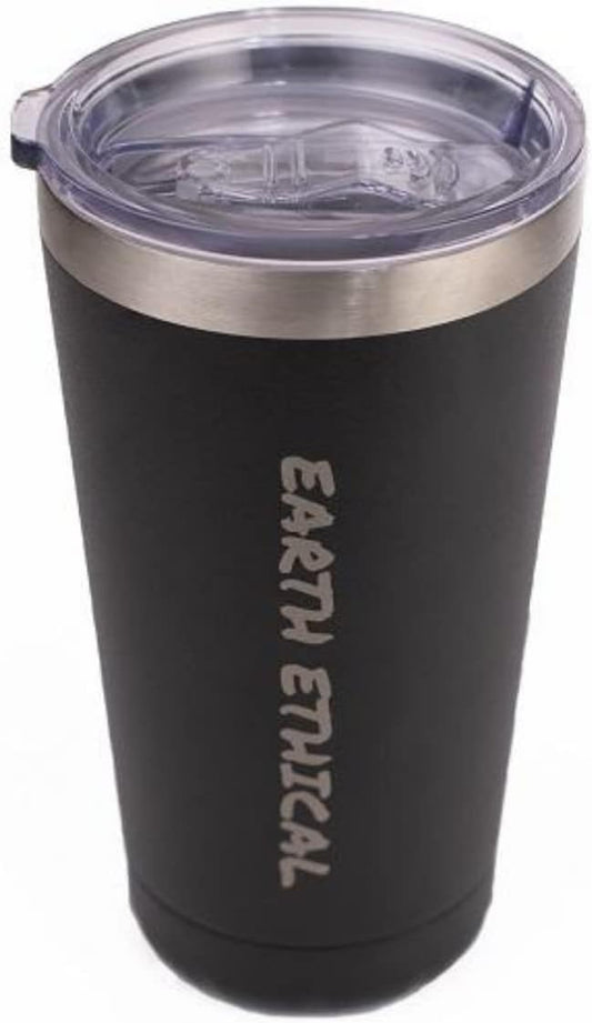 Earth Ethical Insulated Coffee Tumbler with Lid - Double Walled 20 oz Stainless Tumbler for Coffee, Tea or Iced Drinks - Easy Grip Travel Tumbler for Car, SUVs or Truck (Black with Logo)