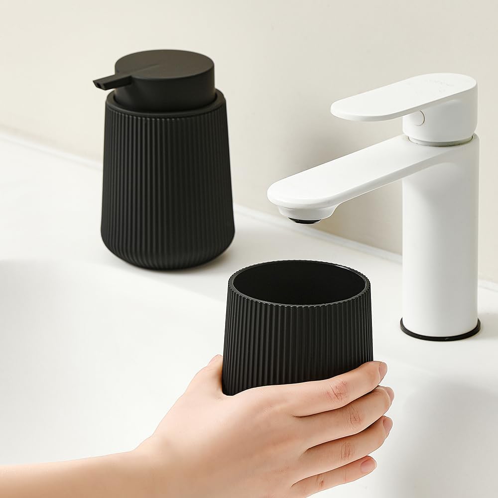 Bathroom Accessories 2 Piece Soap Dispenser and Toothbrush Holder Set Black Striped Round