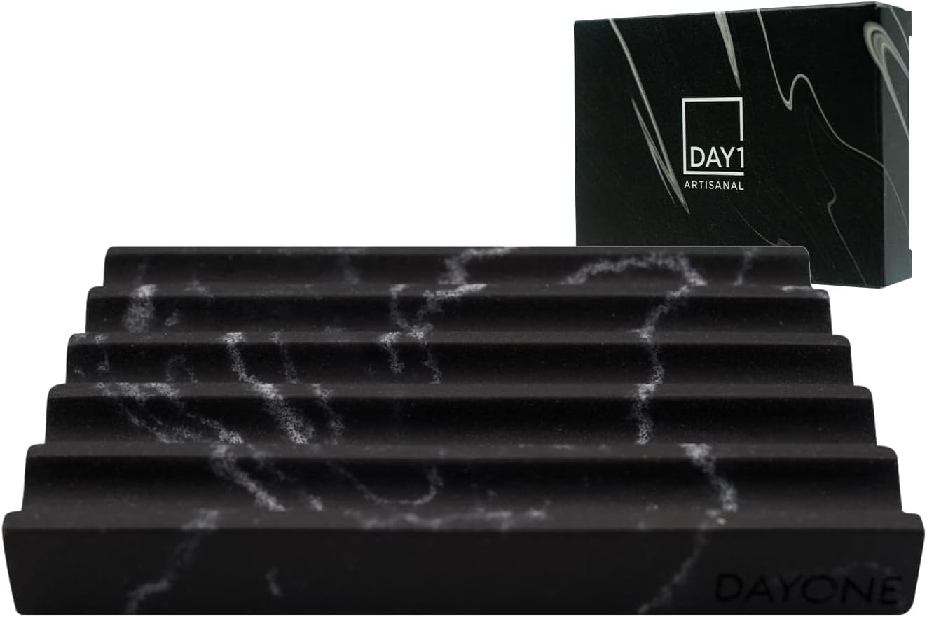 DAYONE Holder with Marble Look - Soap Dish with Soap Saver Ridges Rectangle Bar Soap Holder with Non Slip Feet - Soap Tray for Bathroom, Sink, Kitchen, and SPA (Black)