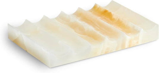 Luxurious Marble Soap Dish Jewelry Ring Tray - Rectangle Stone Soap Tray & Saver for Shower – Self Draining Soap Holder for Bathroom, Kitchen, White Onyx