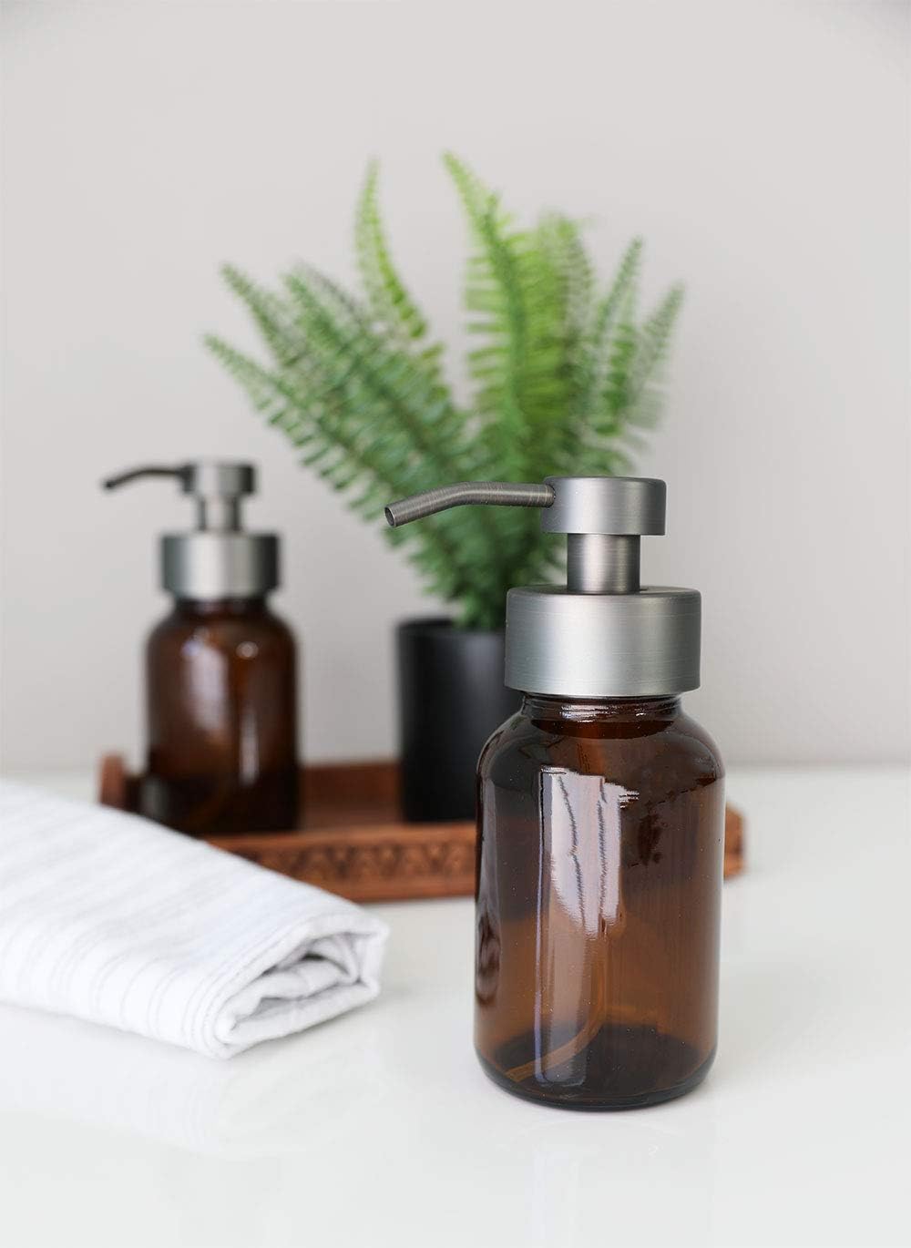 Rail19 Amber Glass Apothecary Foaming Soap Dispenser with Metal Pump - for Kitchen and Bathroom Countertop, 8.5oz (Grey Bronze)