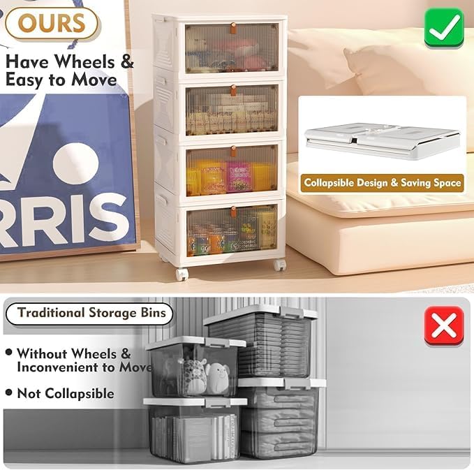 4-Tier Foldable Plastic Drawer Storage with Wheels,Stackable Storage Bins with Lid,Organization and Storage Boxes for Kitchen,Cloakroom,Closet,Living Room,Office and Dorm