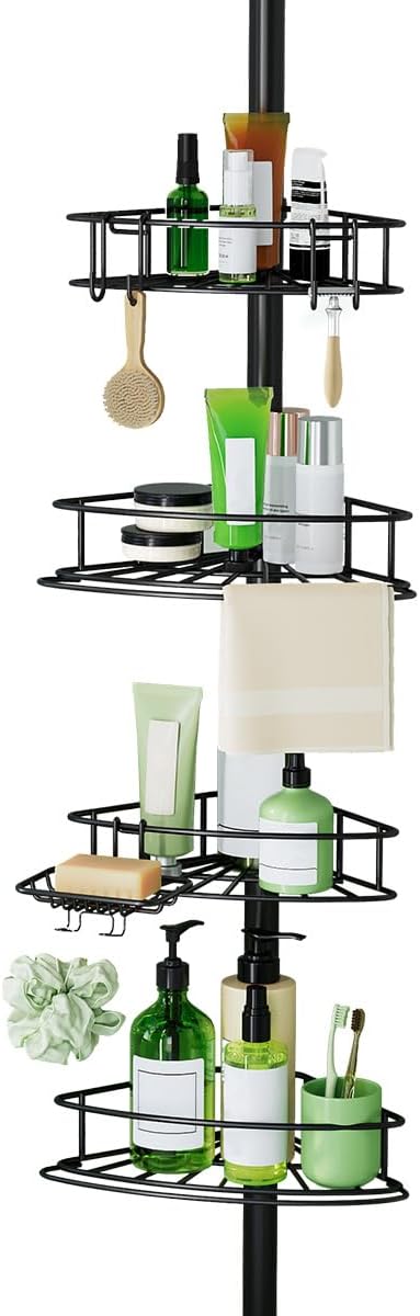 Corner Shower Caddy Tension Pole-4 Tier Adjustable Bathroom Shower Organizer with Soap Holder, Rustproof Shower Shelves Shower Rack for Inside Shower, Bathtub Shampoo Storage 29-118", Black