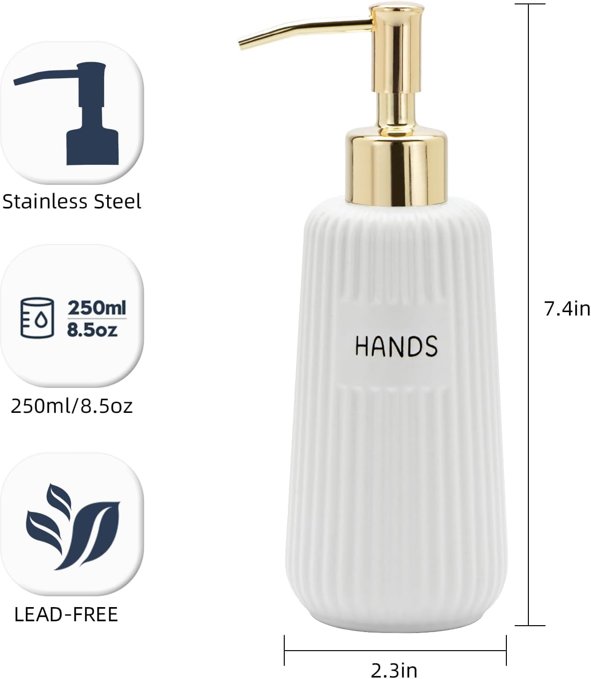 Kitchen Soap Dispenser Set with Gold Stainless Steel Pump and Funnel, Modern Ceramic Refillable Hand and Dish Soap Dispenser Set for Kitchen, Bathroom, Office, Hotel, Matte White