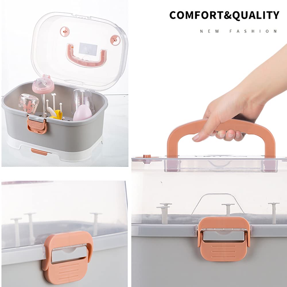 Zdolmy Baby Bottle Drying Rack Storage, Large Nursing Bottle Storage Box Organizer with Cover, Portable Kitchen Cabinet Organizer, Easy to Clean Drainer, Grey