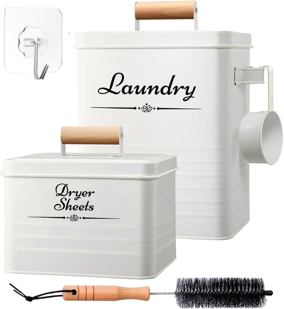 Farmhouse Metal Laundry Pods Container with Dryer Sheet Holder for Organization and Storage, Laundry Room Decor - Holds 156 Pods and 300 Sheets (White)