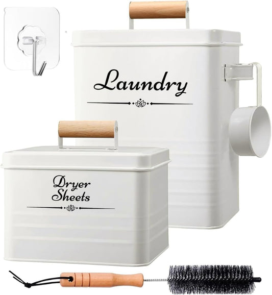 Farmhouse Metal Laundry Pods Container with Dryer Sheet Holder for Organization and Storage, Laundry Room Decor - Holds 156 Pods and 300 Sheets (White)