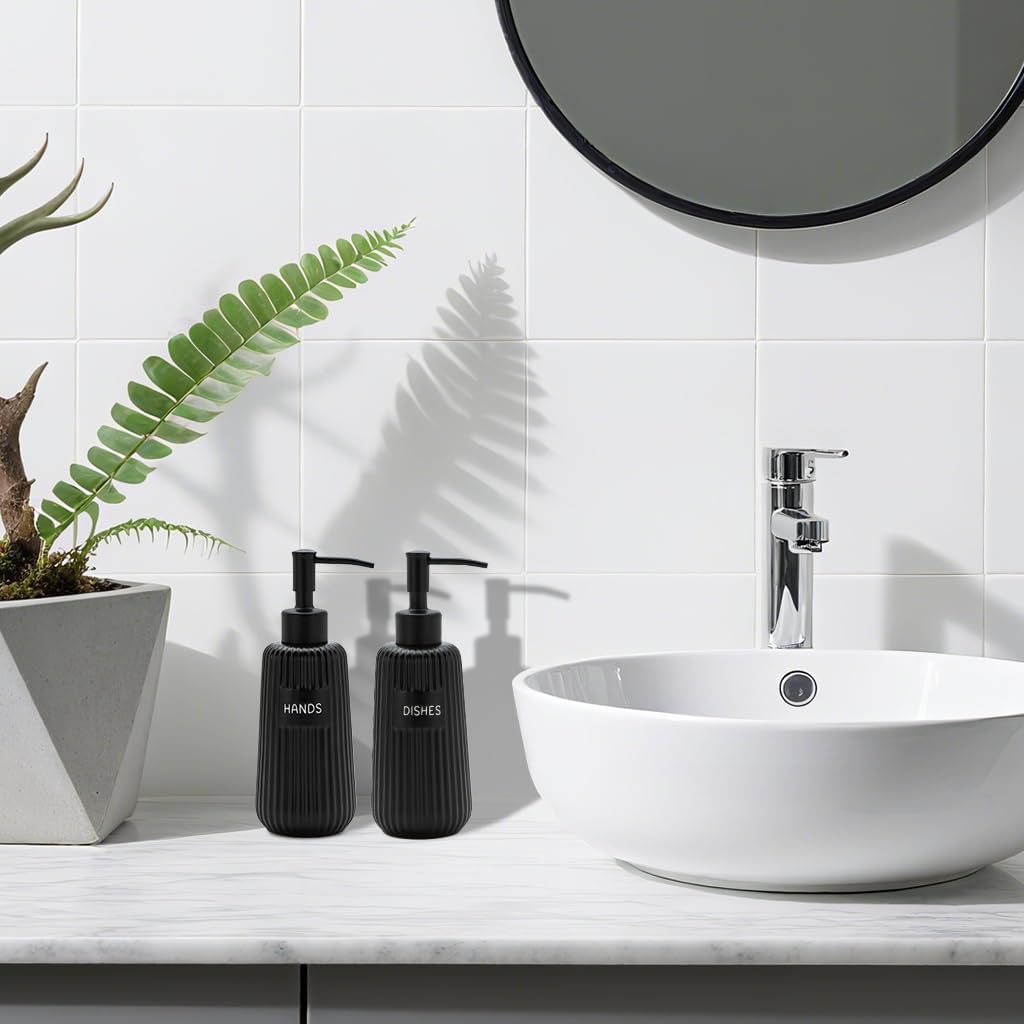 Kitchen Soap Dispenser Set with Stainless Steel Pump and Funnel, Modern Ceramic Refillable Hand and Dish Soap Dispenser Set for Kitchen, Bathroom, Office, Hotel, Matte Black