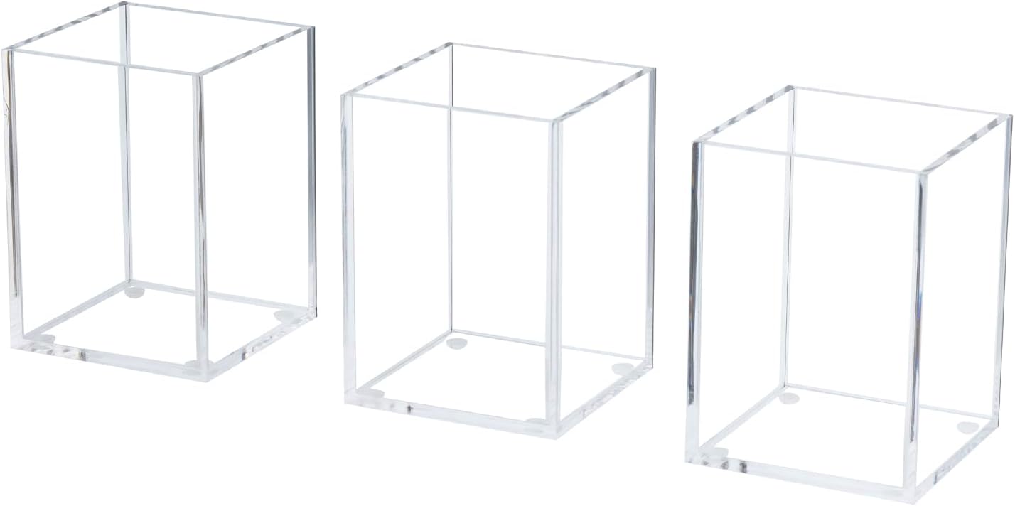 MyGift Modern Premium Clear Acrylic Desktop Pen Pencil Cup, Transparent Rectangular Office Desk Stationery Supplies Storage Organizer Holder, Set of 3