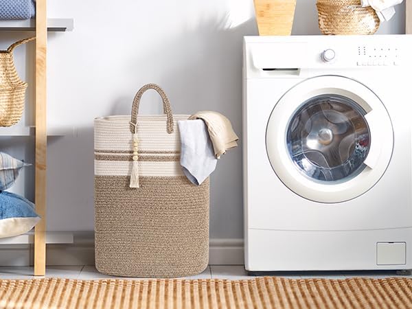 Woven Laundry Basket for Clothes, 50 L Large Rectangle Laundry Hampers with Beads Tassel, Nursery Storage Basket for Toys, Tall Dirty Clothes Hamper for Bedroom Aesthetic, Laundry Room Organization