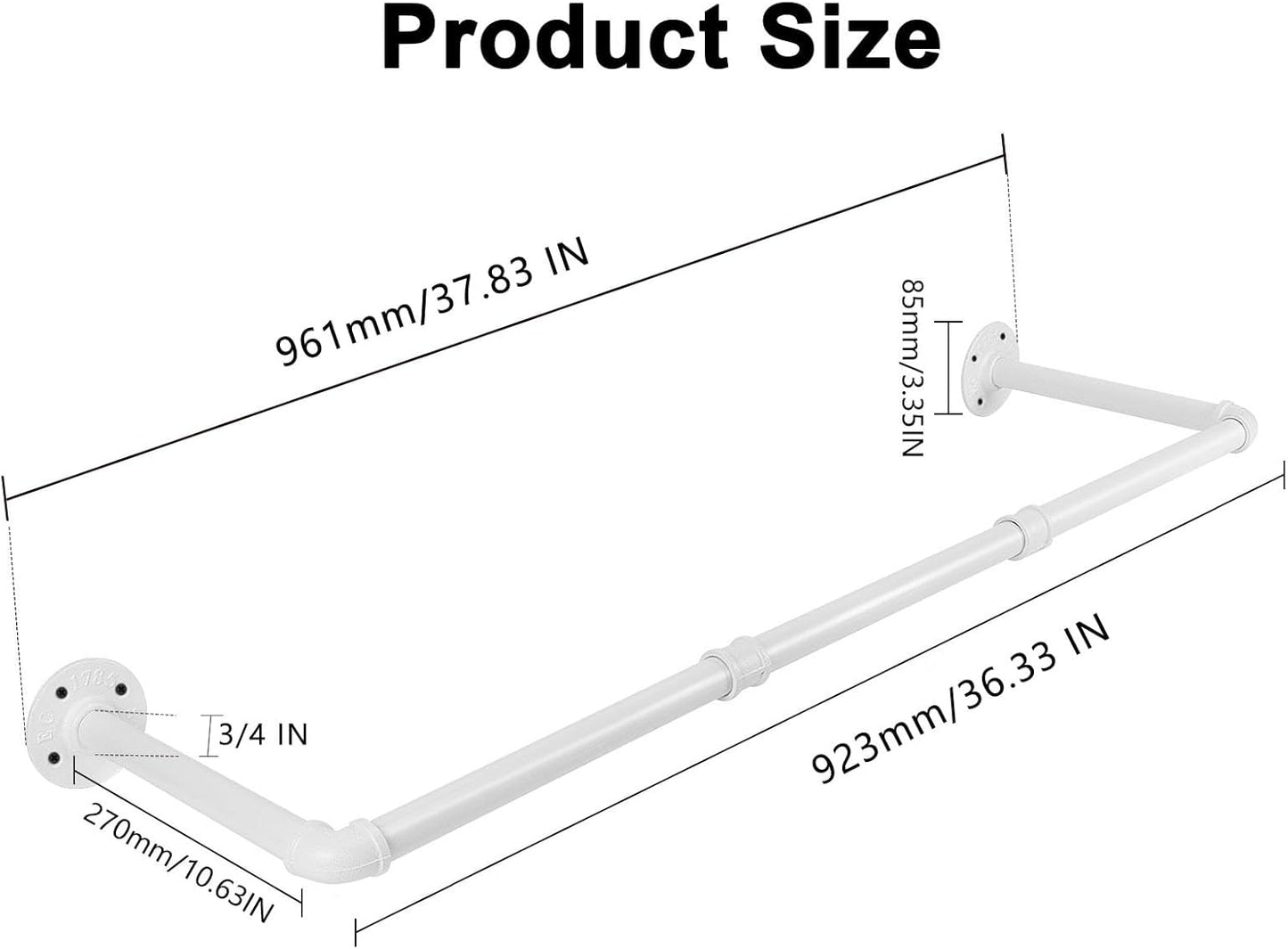 Industrial Iron Pipe Clothes Hanging Bar DIY Wall-Mounted Garment Rack Heavy Duty Clothing Rack for Bedroom, Laundry Room, Closet Storage (White 36 inch)