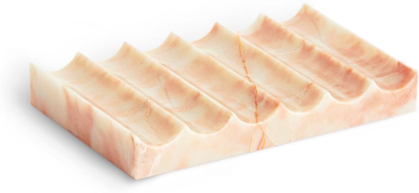 Luxurious Marble Soap Dish Jewelry Ring Tray - Rectangle Stone Soap Tray & Saver for Shower – Self Draining Soap Holder for Bathroom, Kitchen, Beige Travertine (Pink/Cream Rose)