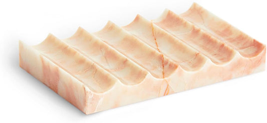 Luxurious Marble Soap Dish Jewelry Ring Tray - Rectangle Stone Soap Tray & Saver for Shower – Self Draining Soap Holder for Bathroom, Kitchen, Beige Travertine (Pink/Cream Rose)