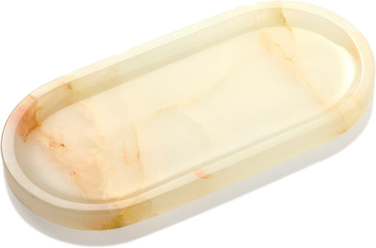 Natural Marble Decorative Tray for Countertop Organizer,Vanity Tray Trays for Jewelry Perfume Candle, Luxury Oval Stone Dish for Bathroom, Bedroom, 9.8"x4.4" Catchall Tray, White Orange