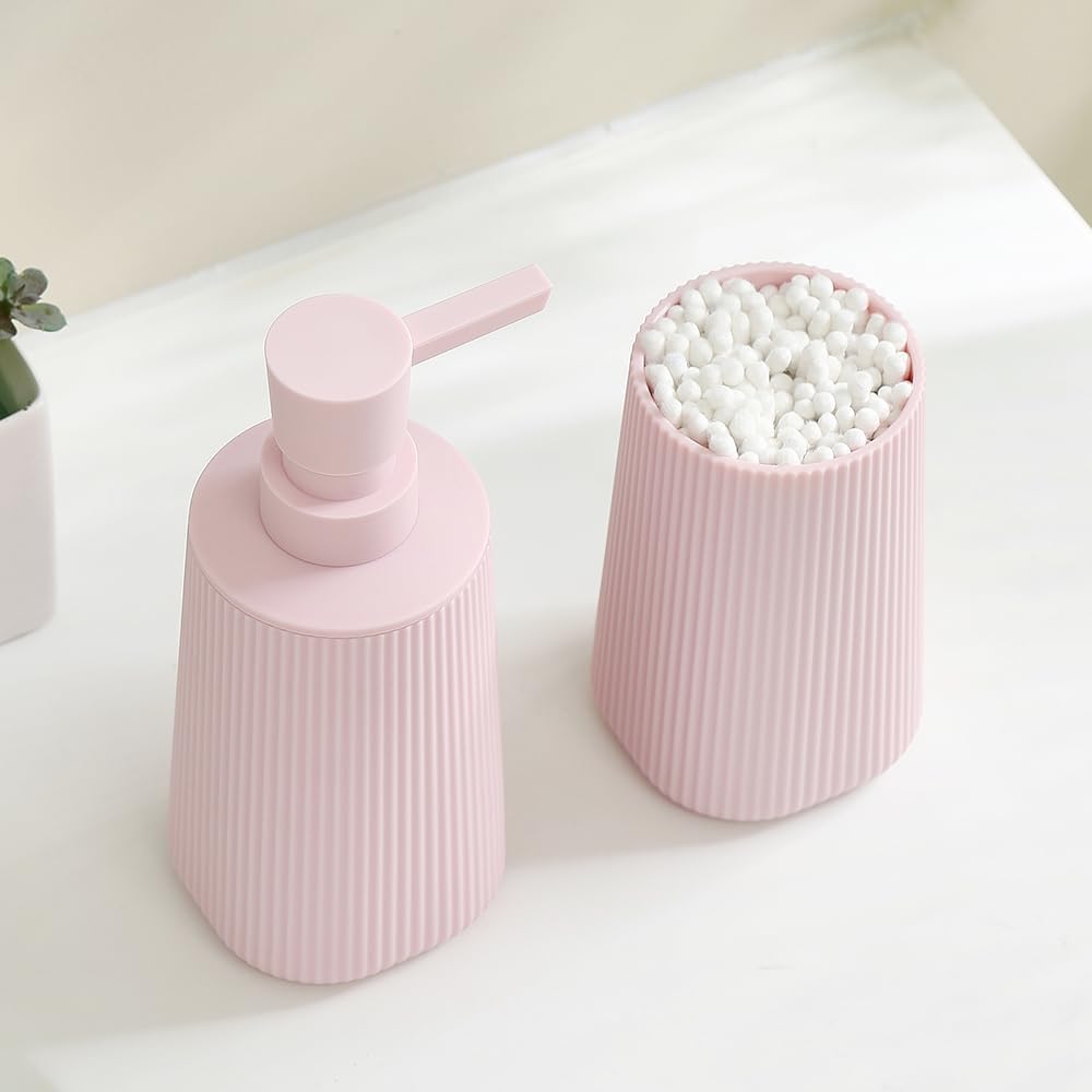 Bathroom Accessories 2 Piece Soap Dispenser and Toothbrush Holder Set Striped Light Pink