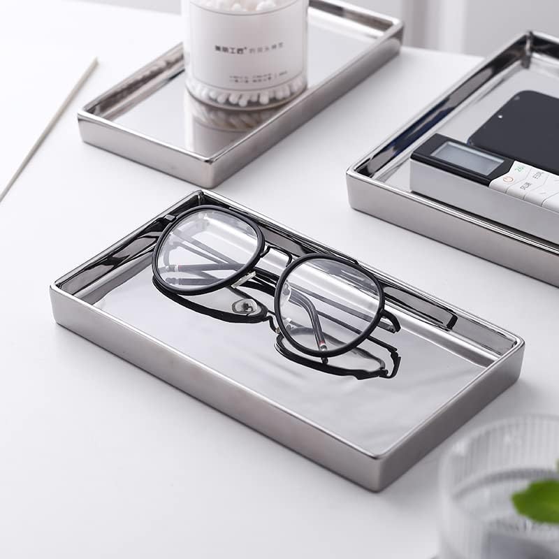 Jewelry Dish Tray Ceramic Trinket Tray Rectangte Vanity Makeup Mirror Tray Silvery