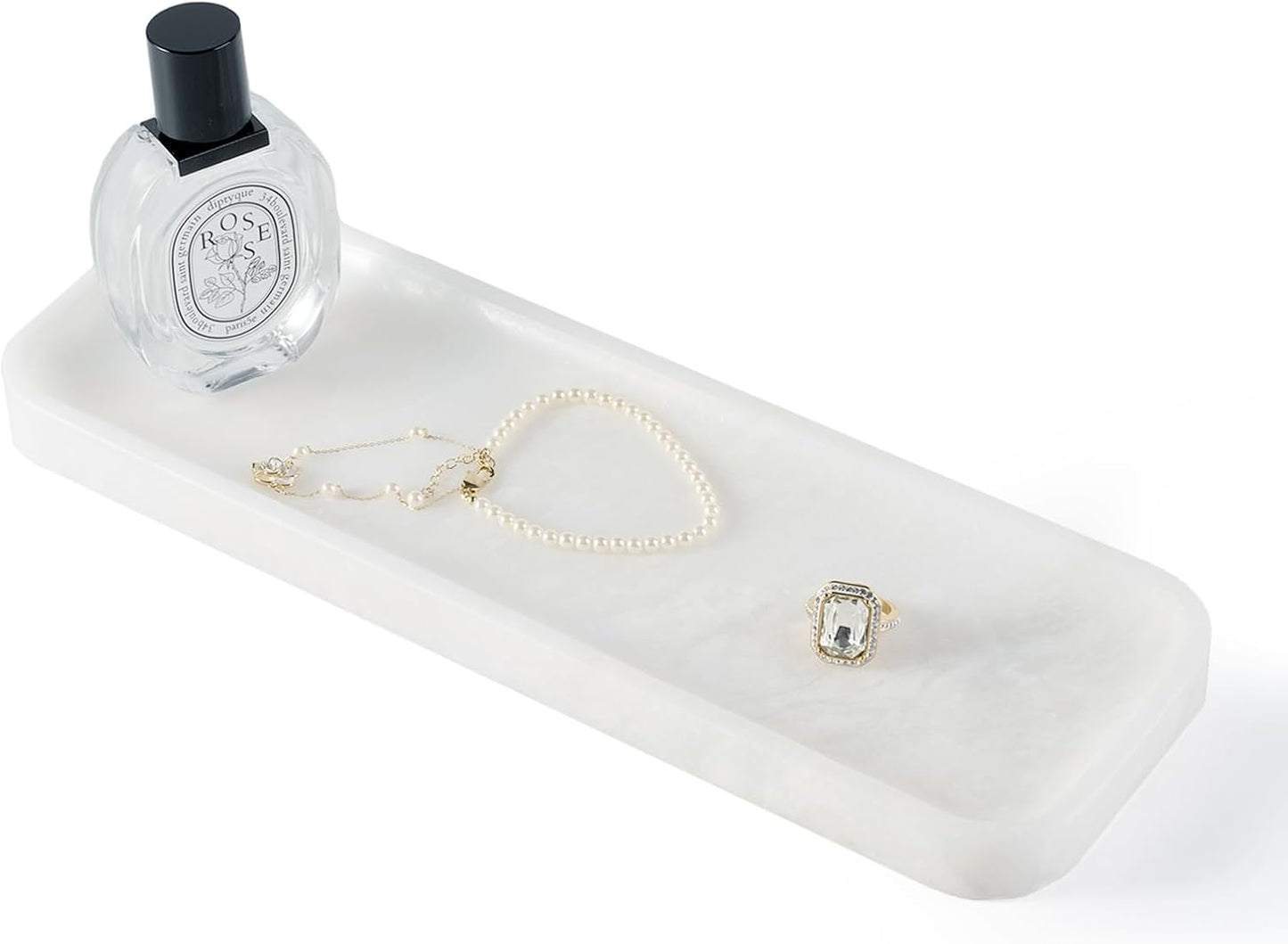 Koville Marble Tray for Bathroom Sink, 12"x4" Natural Stone Vanity Tray for Kitchen Dresser Countertop, Rectangular Decorative Marble Tray for Jewelry Perfume Trinket(White)