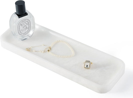 Koville Marble Tray for Bathroom Sink, 12"x4" Natural Stone Vanity Tray for Kitchen Dresser Countertop, Rectangular Decorative Marble Tray for Jewelry Perfume Trinket(White)