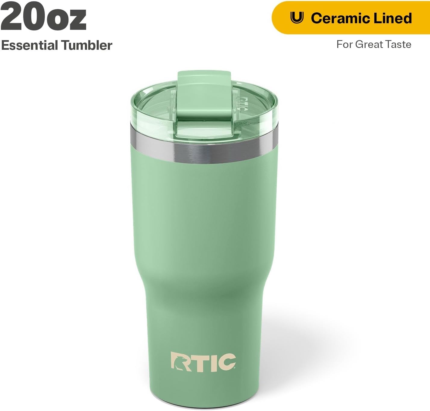 RTIC 20oz Essential Tumbler with Lid, Ceramic Lined, Insulated, Stainless Steel, Metal, Double Wall Vacuum-Insulation, Travel Cup for Iced Coffee, Tea, Hot and Cold Drink, Sage