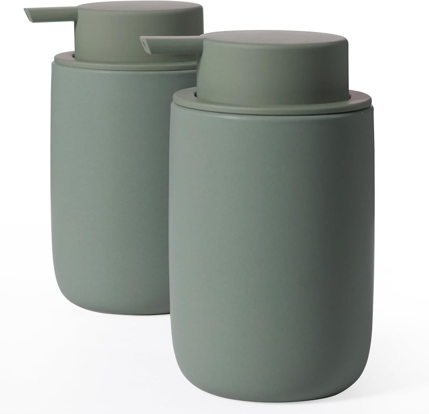 INGOFIN Ceramic Lotion Soap Dispenser Set, 2 Pack (12 oz) Bathroom Hand Soap Dispenser with Pump, Liquid Hand and Dish Soap Dispenser Set, 8 Pcs Clear Stickers, for Kitchen Bathroom-Matte Green