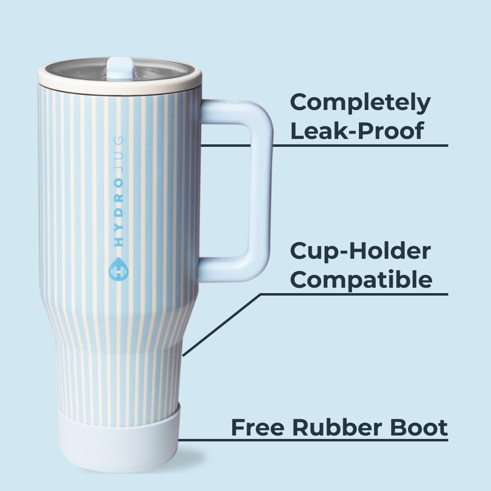 HydroJug Traveler - 40 oz Water Bottle with Handle & Flip Straw - Fits in Cup Holder, Leak Resistant Tumbler-Reusable Insulated Stainless Steel & Rubber Base - Gifts for Women & Men, Cape Cod