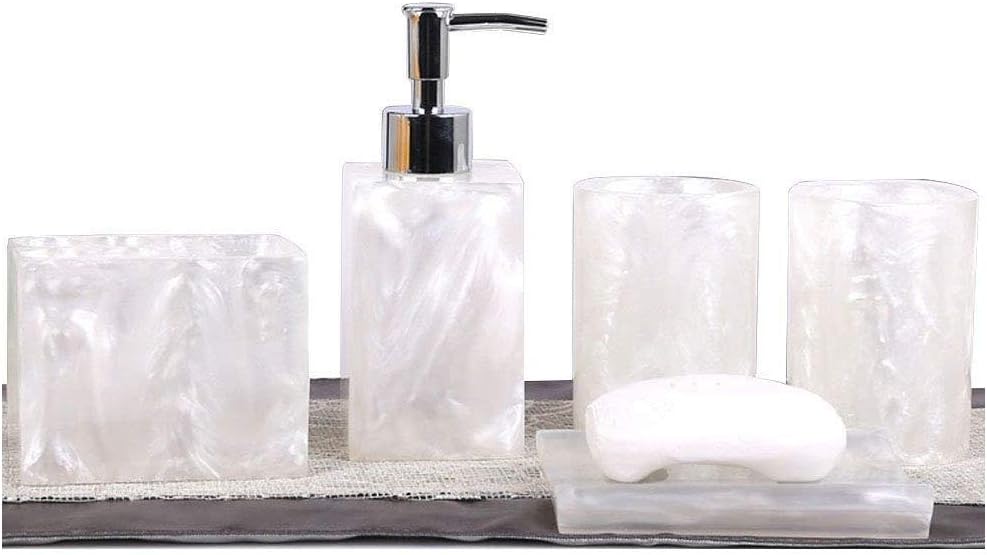 Resin Soap Dish, Soap Dispenser, Toothbrush Holder & Tumbler Bathroom Accessory 5 Piece Set (White)