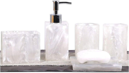 Resin Soap Dish, Soap Dispenser, Toothbrush Holder & Tumbler Bathroom Accessory 5 Piece Set (White)