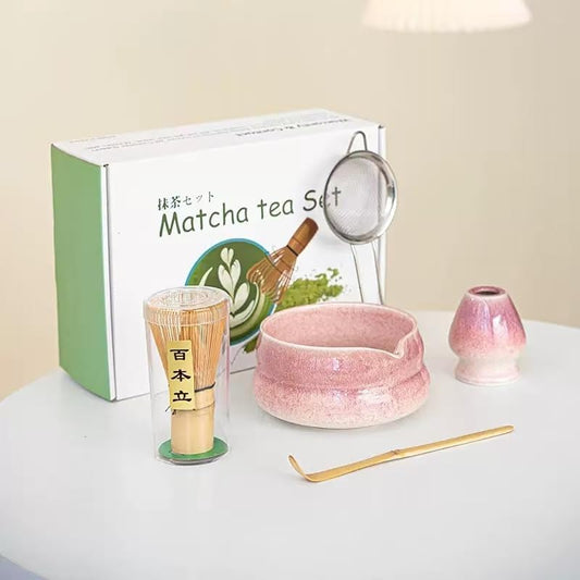 Premium Matcha Tea Set - 5 Pcs with Kiln-Transformation Glaze Ceramic Bowl, Prong Bamboo Whisk, Scoop, Sifter & Holder | Authentic Japanese-Style Tools (pink)