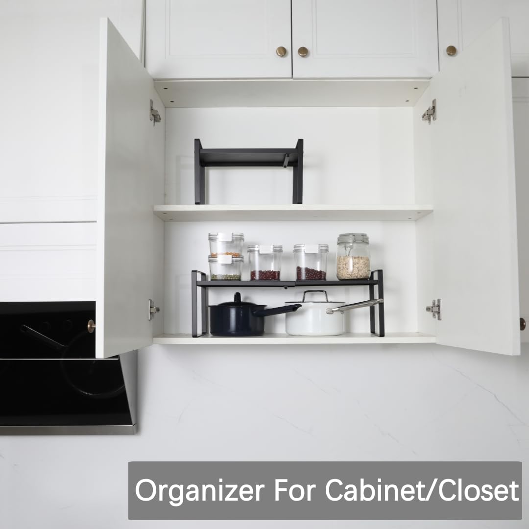Expandable Cabinet Shelf Organizer Riser for Kitchen Pantry Cupboard Under Sink Countertop (black, 8.2’’D * 12.2-21.6’’W * 7.7’’H)