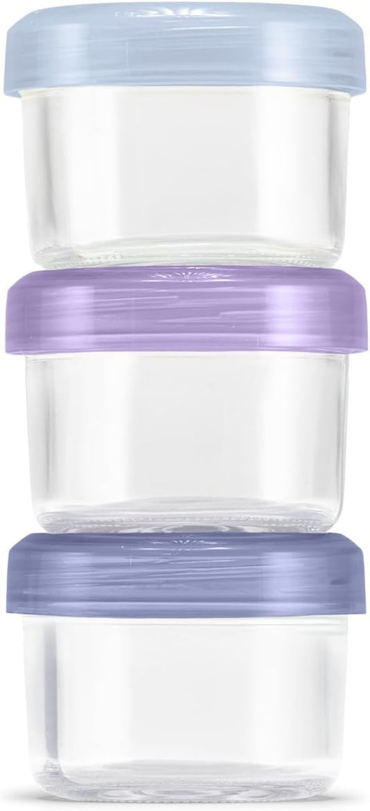 Ello Color Lock 3-Pack 4oz Reusable Glass Condiment Containers with Screw-on Leak-Proof Lid, Perfect for Salad Dressing Sauce Dips, Lunchbox Picnic, BPA-Free, Purple Rain