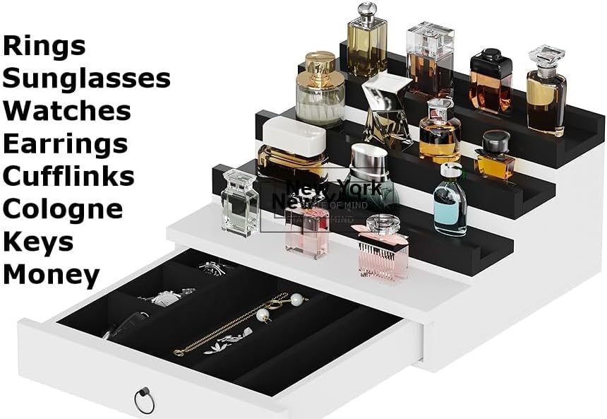 Blisse Cologne/Perfume Organizer, 4-Tier Storage Drawer with Hidden Compartments, Soft-Lined Display Case (White with Black)