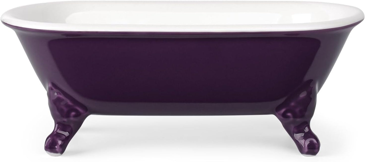 6.5" Ceramic Mini Decorative Clawfoot Bathtub Bar Soap Dish, Kitchen Sponge Holder and Shower Tray for Bathroom, 1 Pack(Plum)