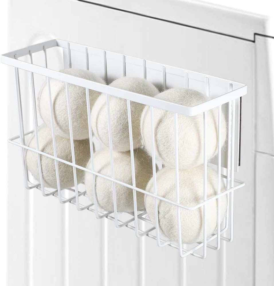 Picowe Large Dryer Ball Organizer Magnetic Storage Bin, Magnetic Basket Dryer Ball Holder for Laundry Room Organization and Storage to Hold 6 Dryer Balls, Without Balls (White, L )
