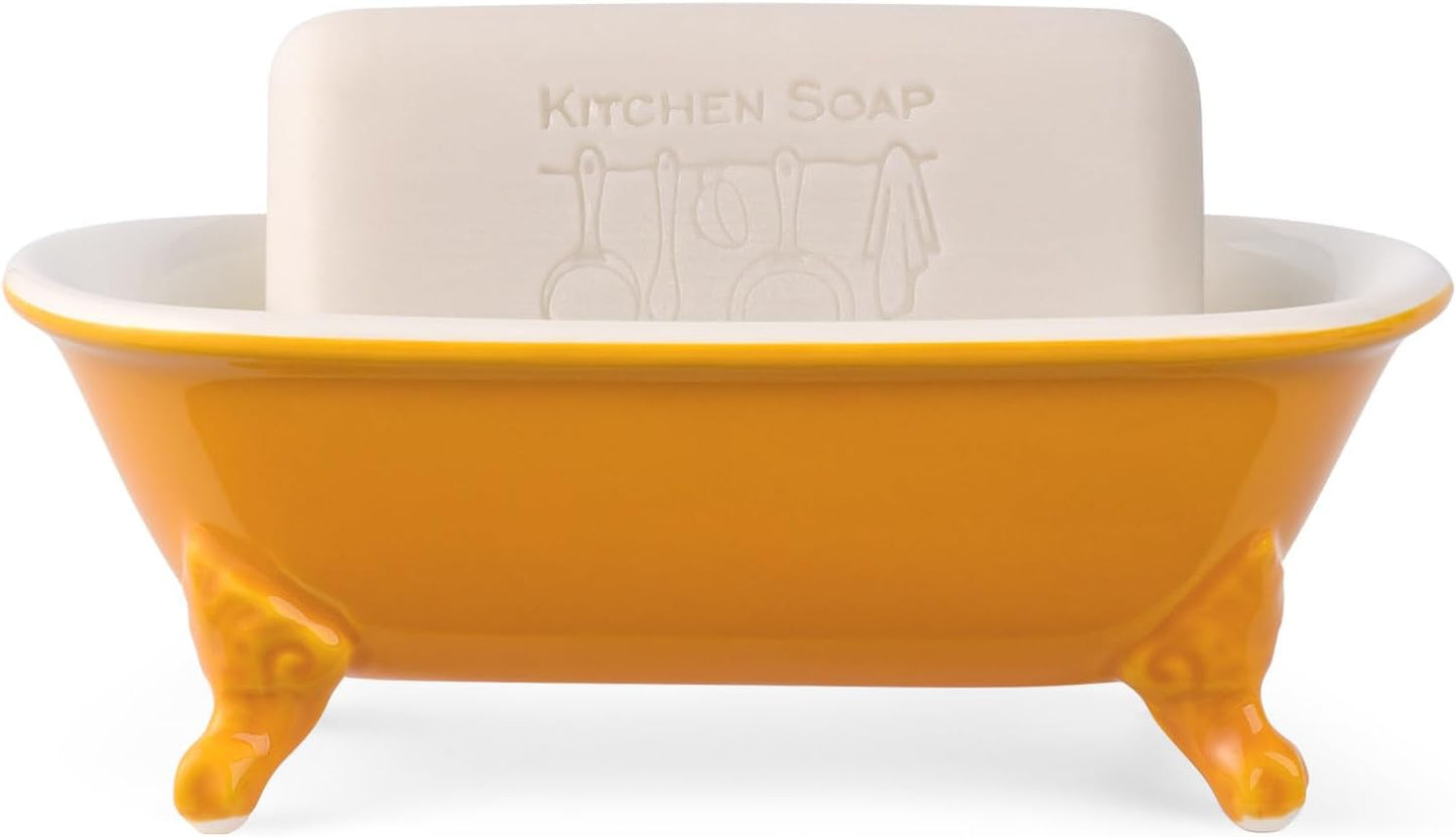 6.5" Ceramic Mini Decorative Clawfoot Bathtub Bar Soap Dish, Kitchen Sponge Holder and Shower Tray for Bathroom, 1 Pack(Golden Yellow)