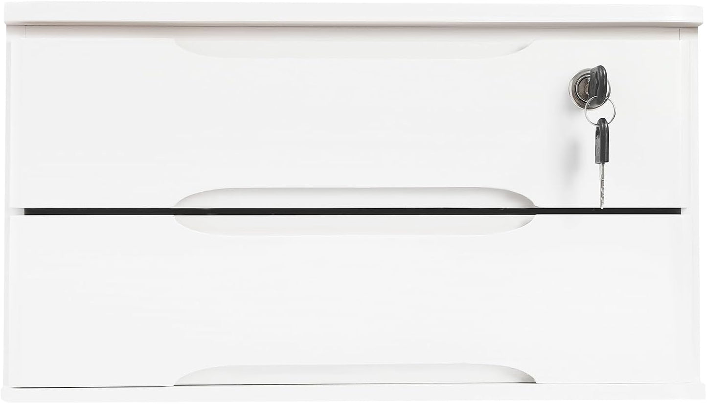 2-Tier Wooden Desktop Storage Box Desk Organizer with 2 Drawers and Lock Countertop Drawers Organizer for Office Supplies File Paper Cosmetic Jewelry, 15.4x11.8x8.5 in (White)