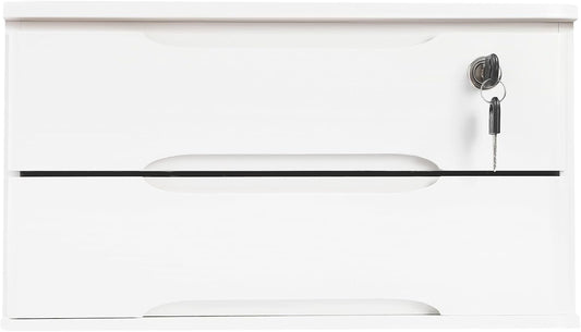 2-Tier Wooden Desktop Storage Box Desk Organizer with 2 Drawers and Lock Countertop Drawers Organizer for Office Supplies File Paper Cosmetic Jewelry, 15.4x11.8x8.5 in (White)