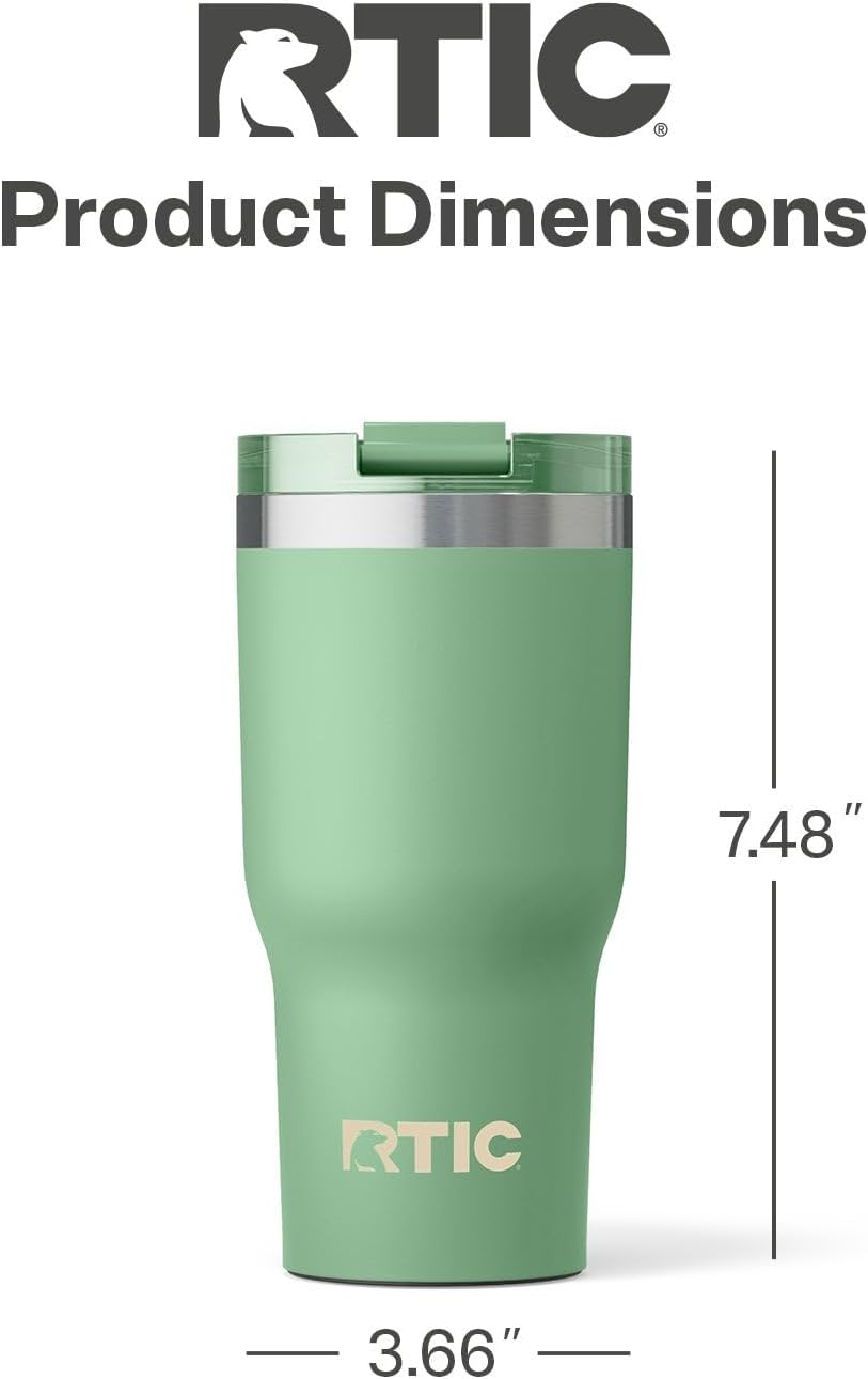 RTIC 20oz Essential Tumbler with Lid, Ceramic Lined, Insulated, Stainless Steel, Metal, Double Wall Vacuum-Insulation, Travel Cup for Iced Coffee, Tea, Hot and Cold Drink, Sage