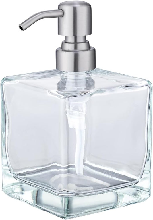 Square Bathroom Soap Dispenser Brushed Nickel, Large Capacity 16.9 oz Glass Bottles with Stainless Steel Pump Retangle Cube Liquid Soap Dispenser Kitchen