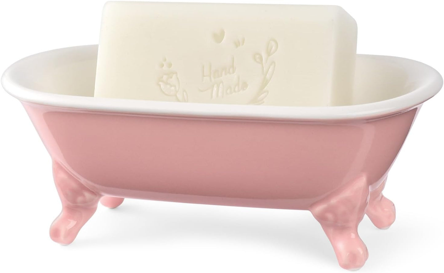 6.5" Ceramic Mini Decorative Clawfoot Bathtub Bar Soap Dish, Kitchen Sponge Holder and Shower Tray for Bathroom, 1 Pack(Rose)