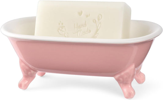 6.5" Ceramic Mini Decorative Clawfoot Bathtub Bar Soap Dish, Kitchen Sponge Holder and Shower Tray for Bathroom, 1 Pack(Rose)