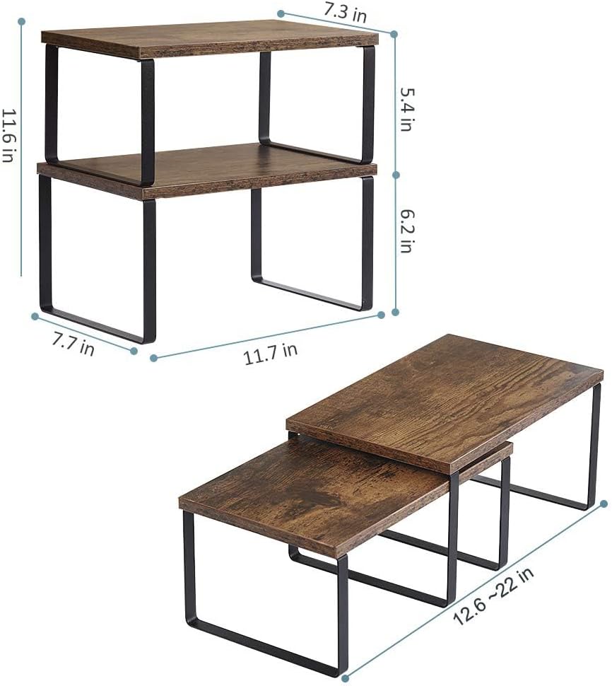 NEX Kitchen Cabinet and Counter Shelf Organizer, Shelf Riser for Pantry Countertop Cupboard Desk Top, Stackable & Expandable, Set of 4, Black and Rustic Brown